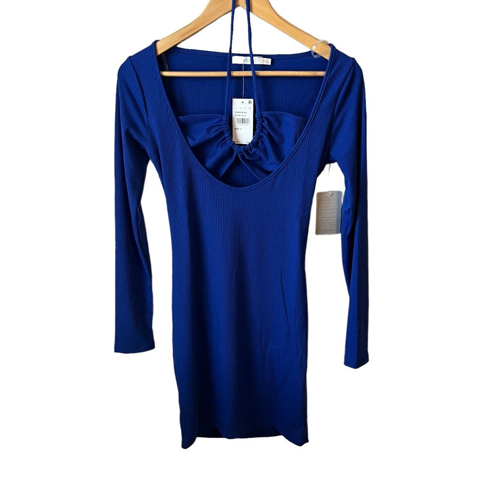 Lush Long Sleeve Cutout Tie Front Royal Blue Bodycon Dress NWT Size Small NEW